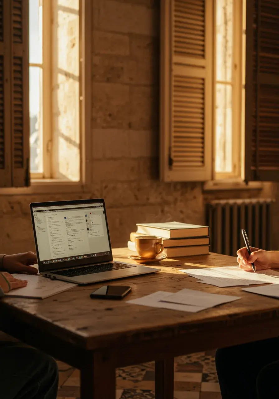 Two people working at a wooden table in a sunlit Mediterranean room with limestone walls and open wooden shutters, laptop and handwritten notes beside a coffee cup