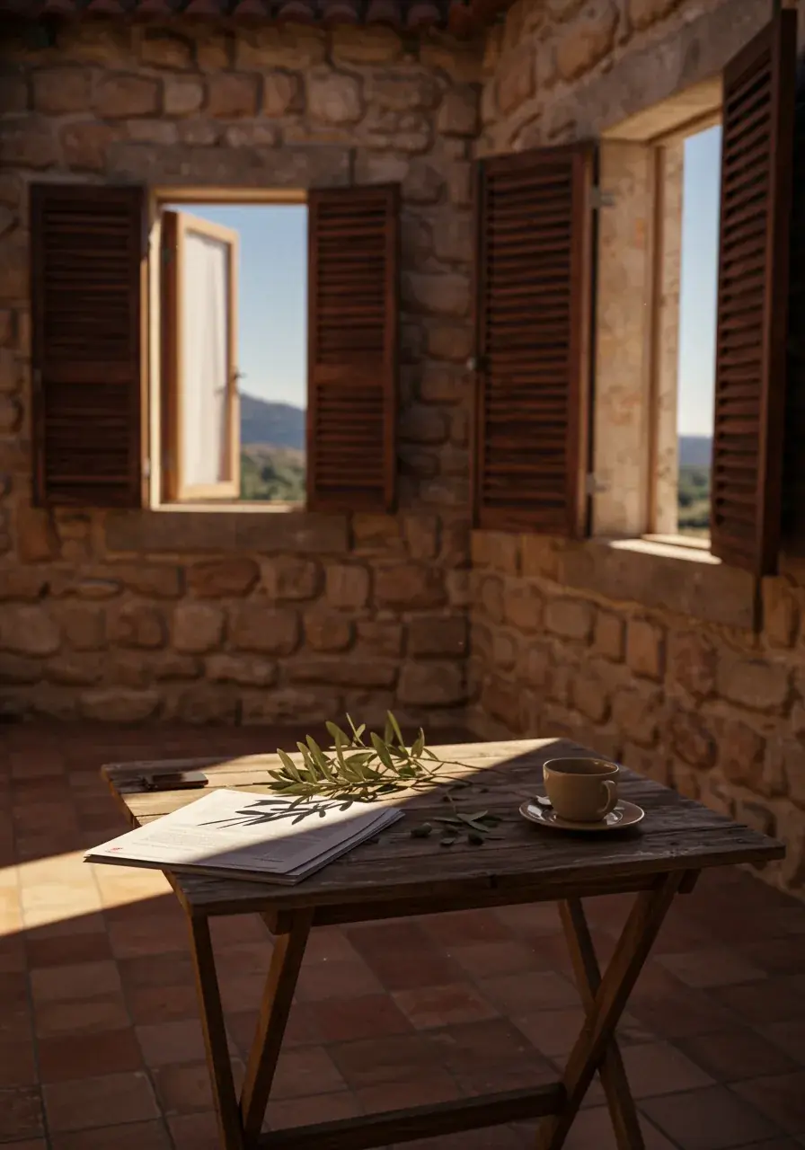Official documents, an olive branch, and a coffee cup on a wooden table in a sunlit Mediterranean stone room with open wooden shutters