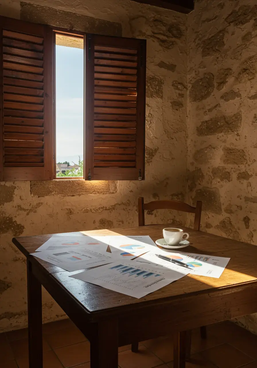 Printed financial charts and an espresso cup on a wooden table in a sunlit Mediterranean limestone room with open wooden shutters