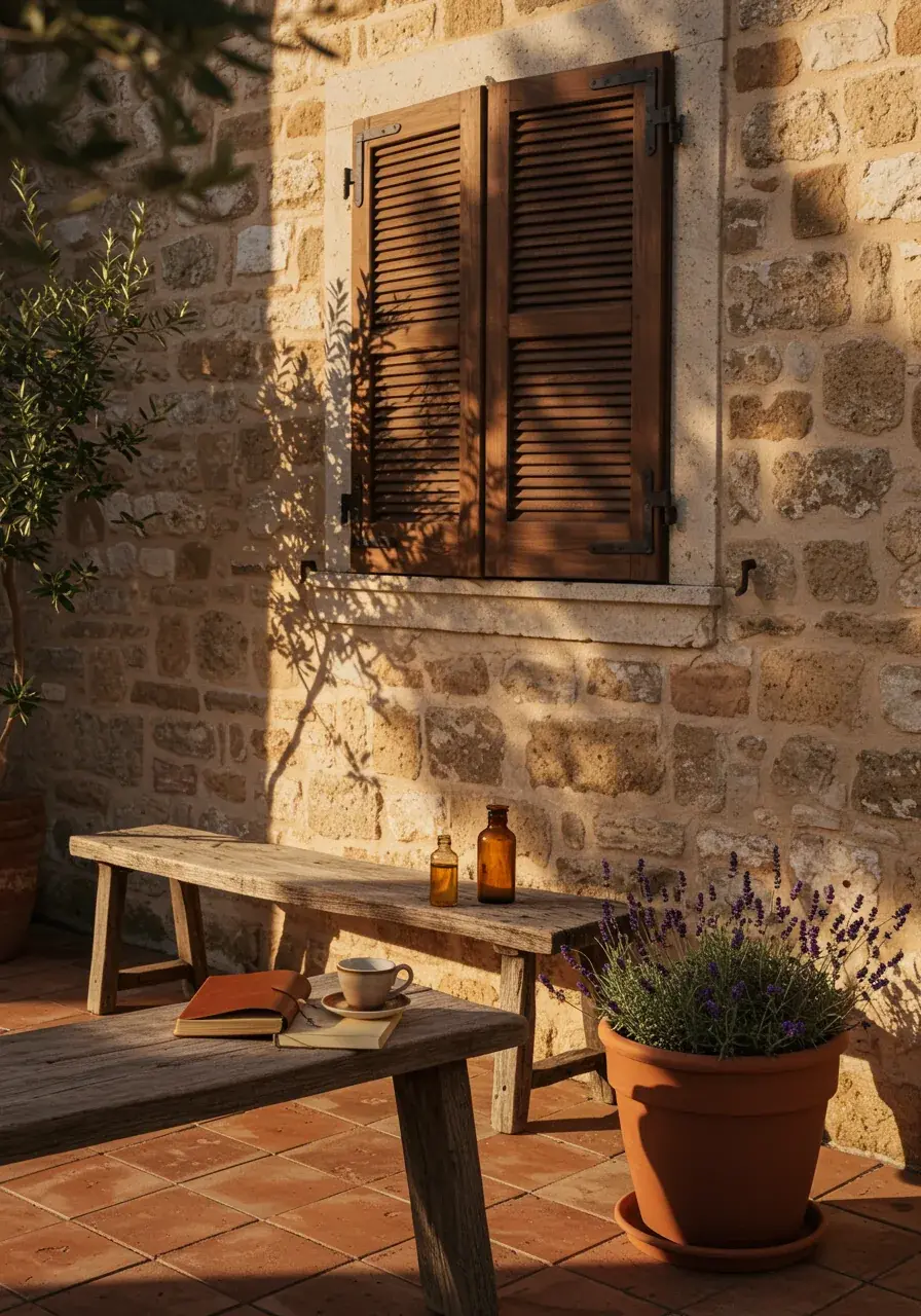 Stone bench in a Mediterranean courtyard with an open notebook, coffee cup, amber glass vial, and terracotta pot of lavender