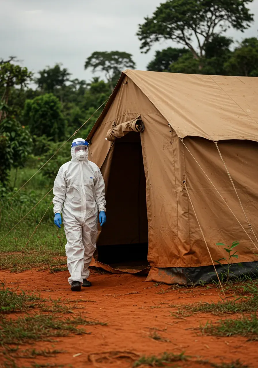 A healthcare worker in white PPE exits a canvas isolation tent at a field medical camp in a tropical forest clearing