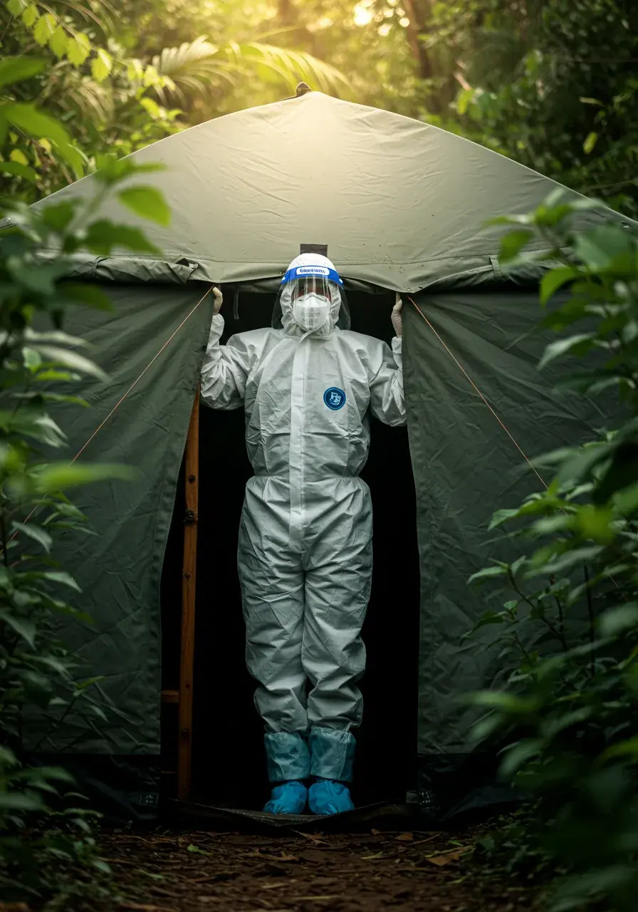 Healthcare worker in a white protective suit and face shield standing at the entrance of an isolation tent in a tropical forest