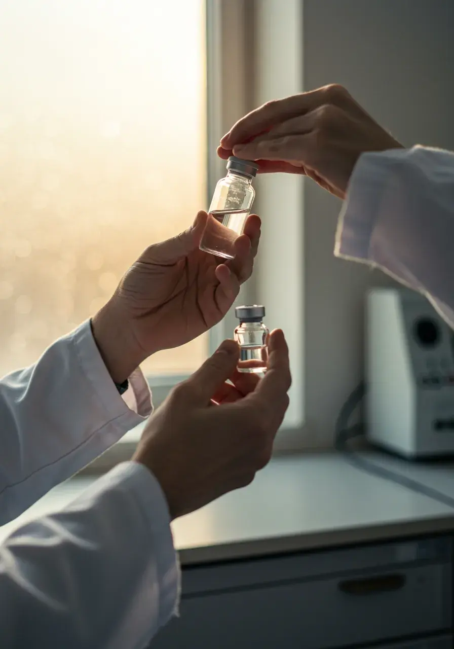 Naukowcy w białych fartuchach wymieniają szklany flakon w słonecznym laboratorium badawczym