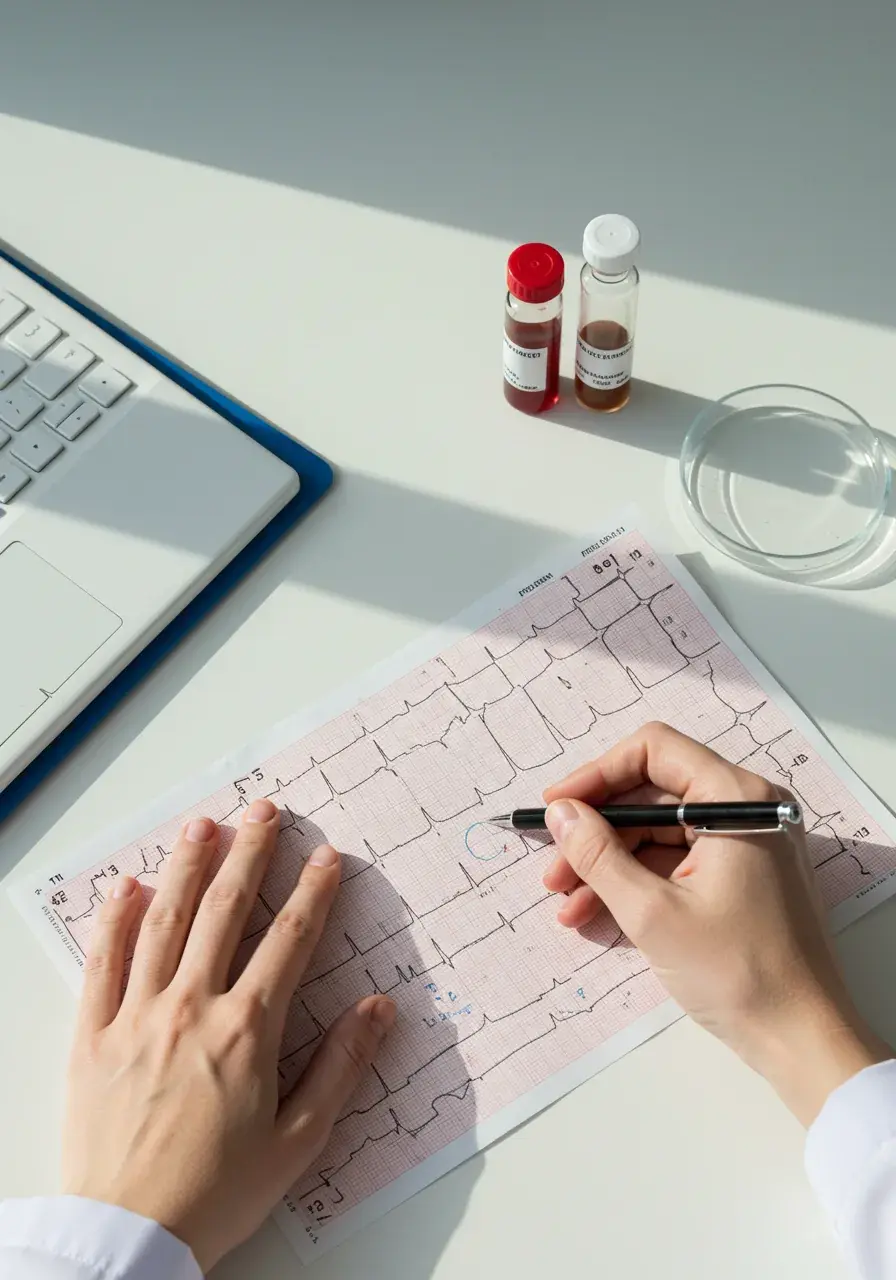 A doctor's hands annotate a 12-lead ECG printout on a clinical desk, with specimen vials and a petri dish nearby