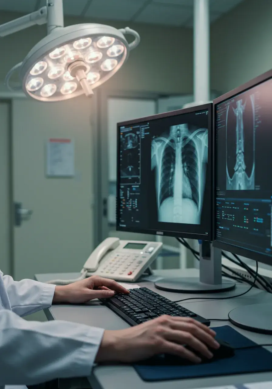 A physician in a white coat reviews AI-assisted chest X-ray analysis on clinical monitors at a radiology workstation