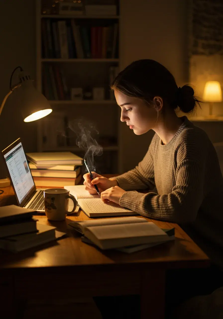 Studentka uczy się przy biurku w świetle lampy, z otwartym laptopem obok odręcznych notatek i książek