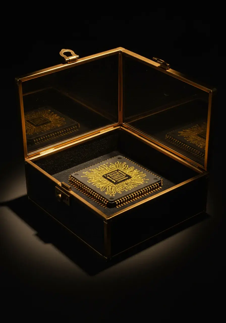 A custom silicon chip displayed in an open brass-and-glass case on dark velvet, dramatic chiaroscuro lighting