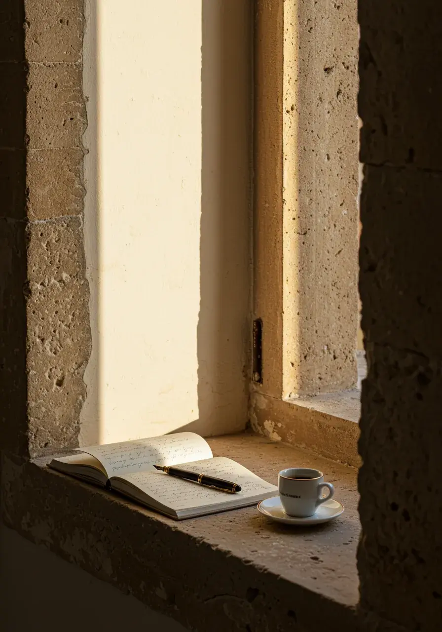 An open notebook and espresso cup resting on a limestone windowsill in warm afternoon light
