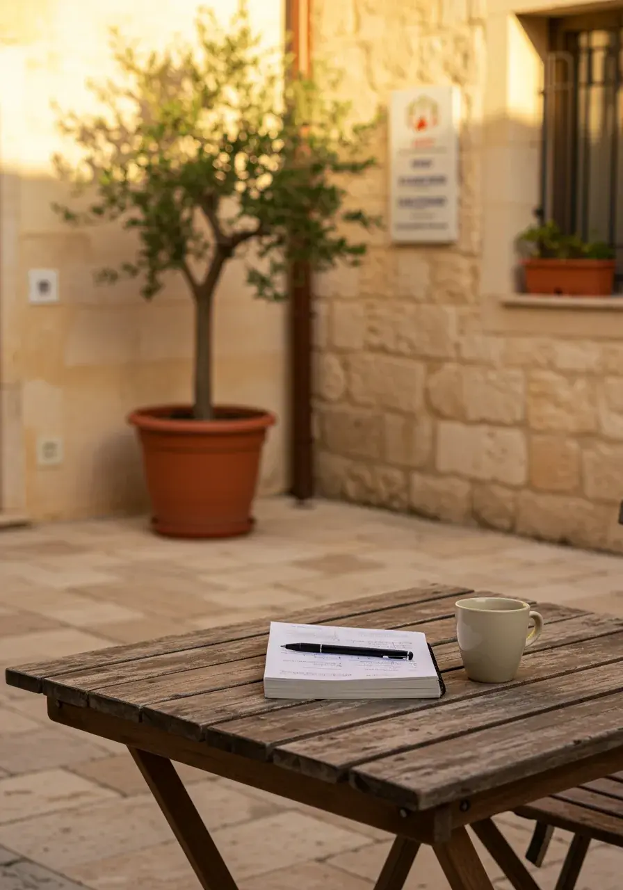 שולחן עץ בחצר ים-תיכונית מוארת שקירותיה אבן גיר, עליו מחברת פתוחה וכוס קפה קרמית, ועץ זית בעציץ ברקע.