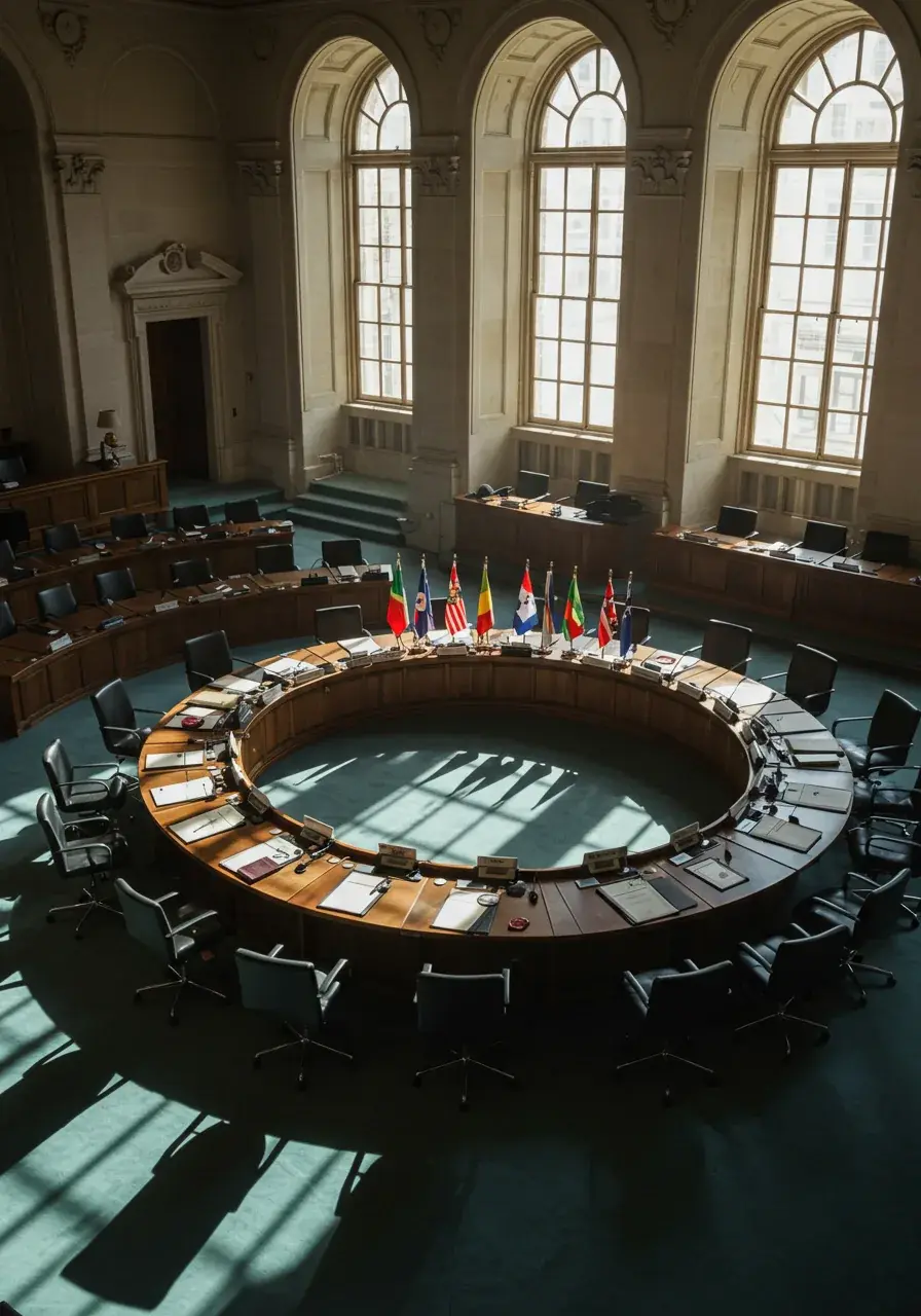 Άδεια κυκλική διπλωματική αίθουσα με εθνικές σημαίες και επίσημα έγγραφα σε στρογγυλό τραπέζι συνδιάσκεψης, δέσμες ηλιακού φωτός από ψηλά τοξωτά παράθυρα