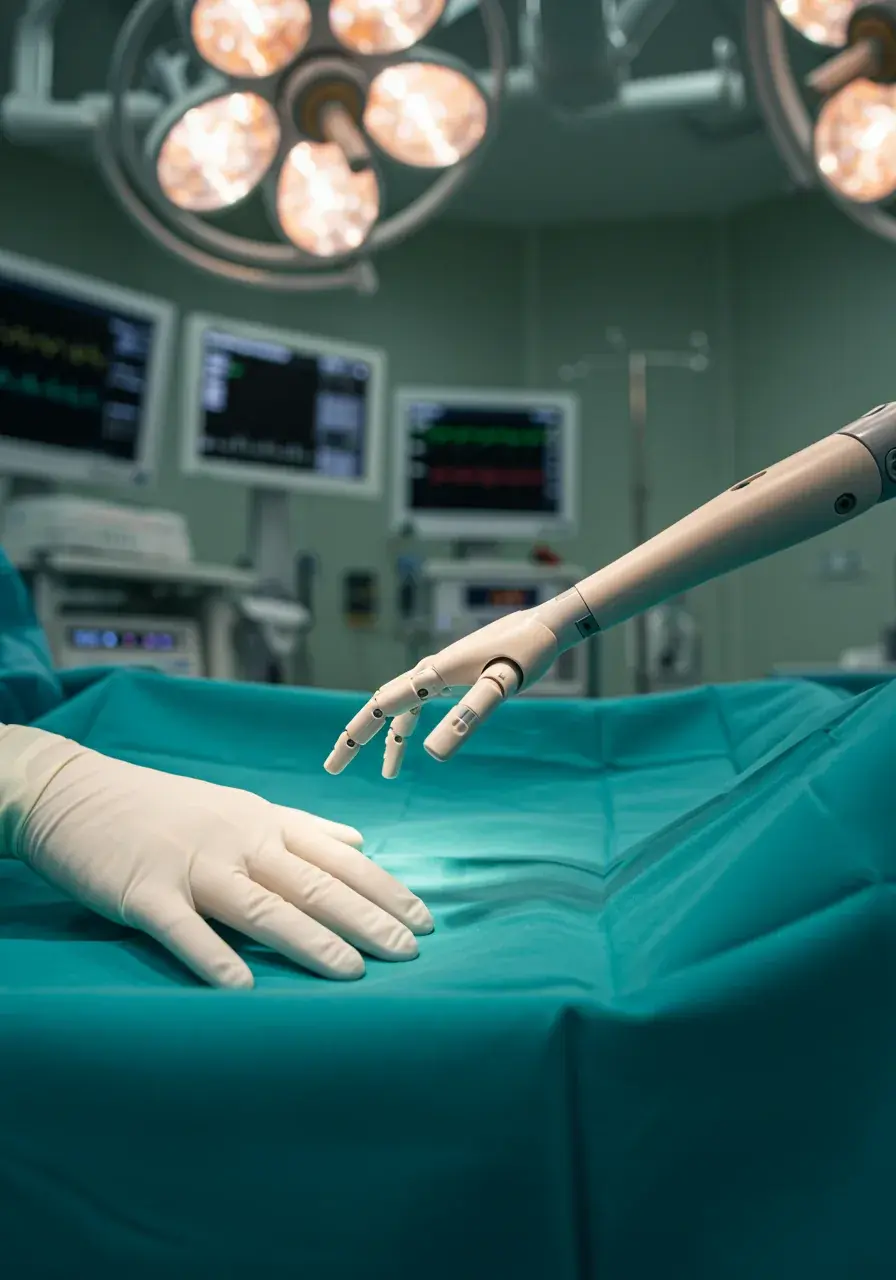 A surgeon's gloved hand and a robotic arm reach toward a teal surgical drape in a bright operating theatre