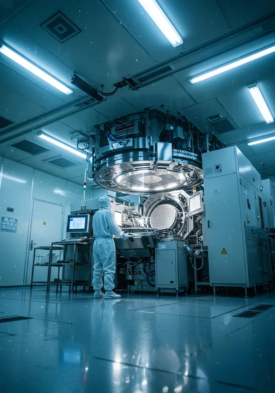 A technician in a white clean-room suit stands before a large semiconductor wafer processing machine inside a chip fabrication facility