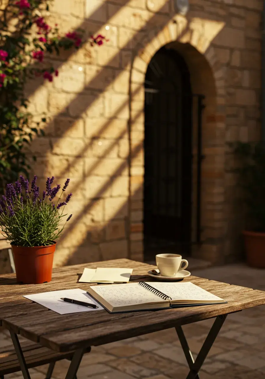 An open notebook and coffee cup on a weathered wooden table in a sunlit Mediterranean courtyard, with potted lavender and bougainvillea beside a limestone archway