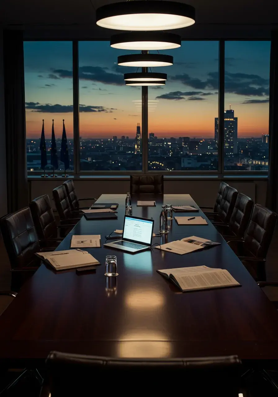 Pusta instytucjonalna sala konferencyjna o zmierzchu, flagi UE w tle, dokumenty i otwarty laptop na długim wypolerowanym stole, panorama miasta widoczna przez duże okna.