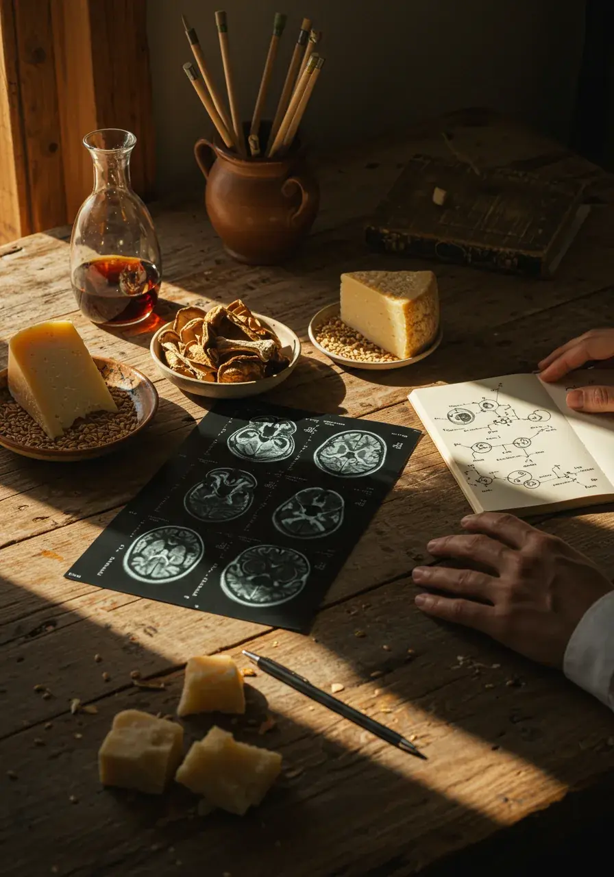 Brain MRI scans, aged cheese, dried mushrooms, and wheat germ arranged on a wooden research desk in warm Mediterranean light, beside a notebook with hand-drawn molecular diagrams