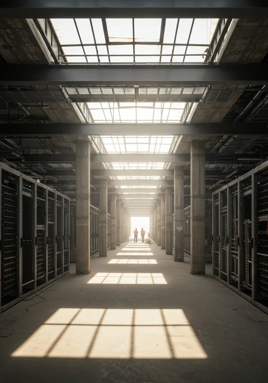 Construction workers dwarfed by a vast server hall under construction, sunlight streaming through industrial skylights