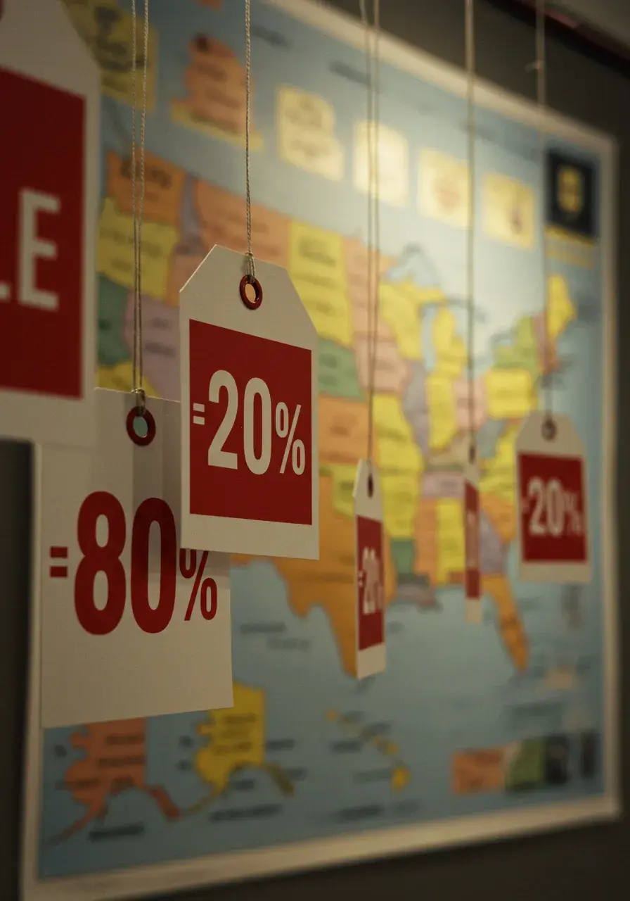 Etykiety cenowe z rabatami −80% i −20% wiszące przed kolorową mapą Stanów Zjednoczonych, symbolizujące konkurencję cenową w AI i zróżnicowany krajobraz regulacyjny w poszczególnych stanach