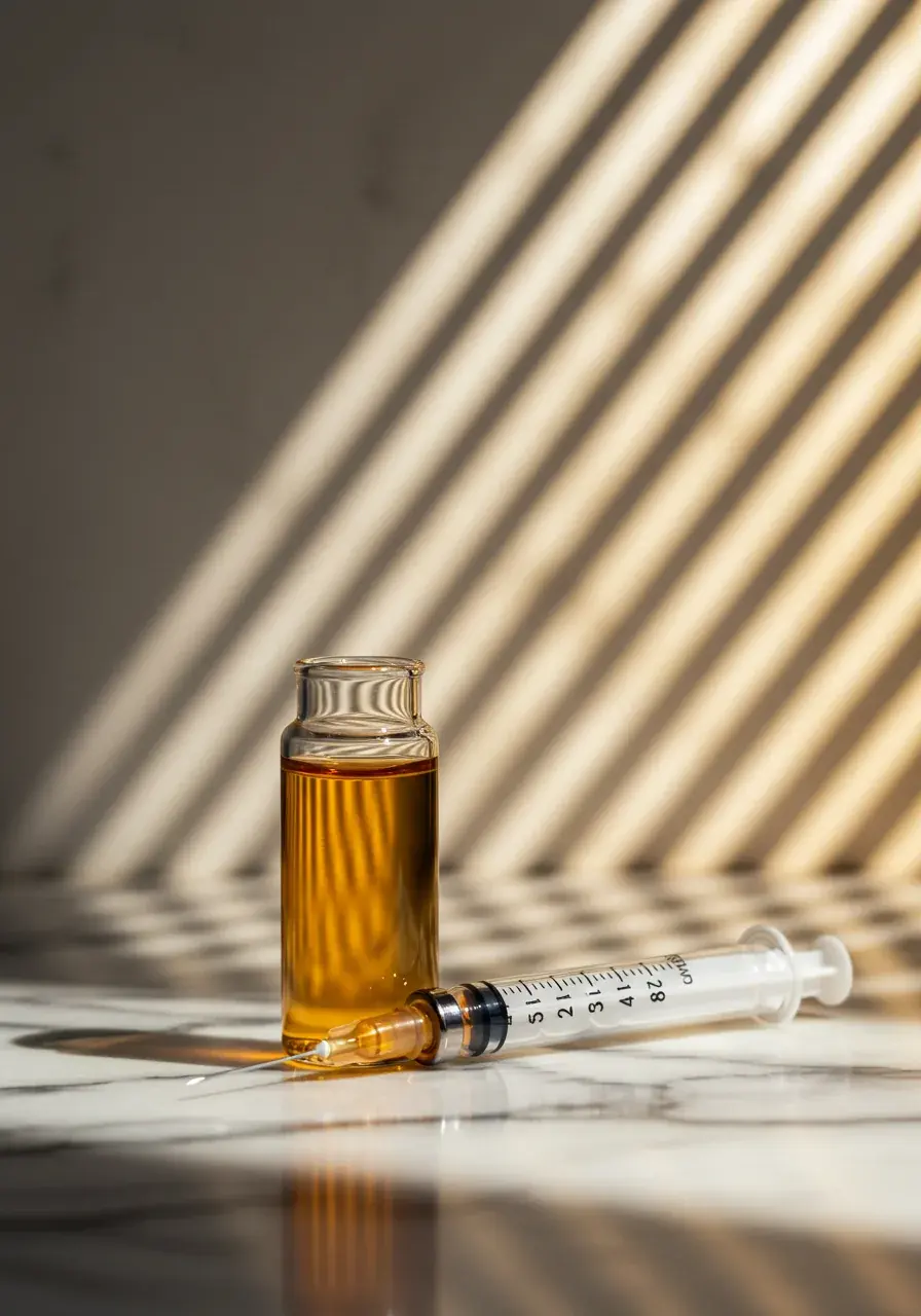 A glass vaccine vial and syringe rest on white marble in warm Mediterranean sunlight filtered through wooden shutters