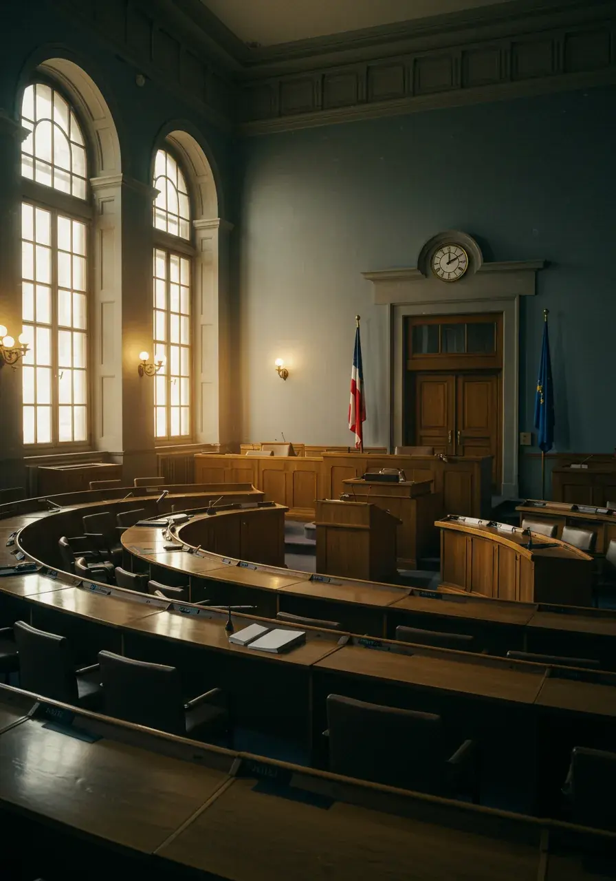 Pusta półkolista sala legislacyjna z flagami UE i Francji, zegar ścienny nad wejściem i ciepłe popołudniowe światło wpadające przez wysokie łukowe okna