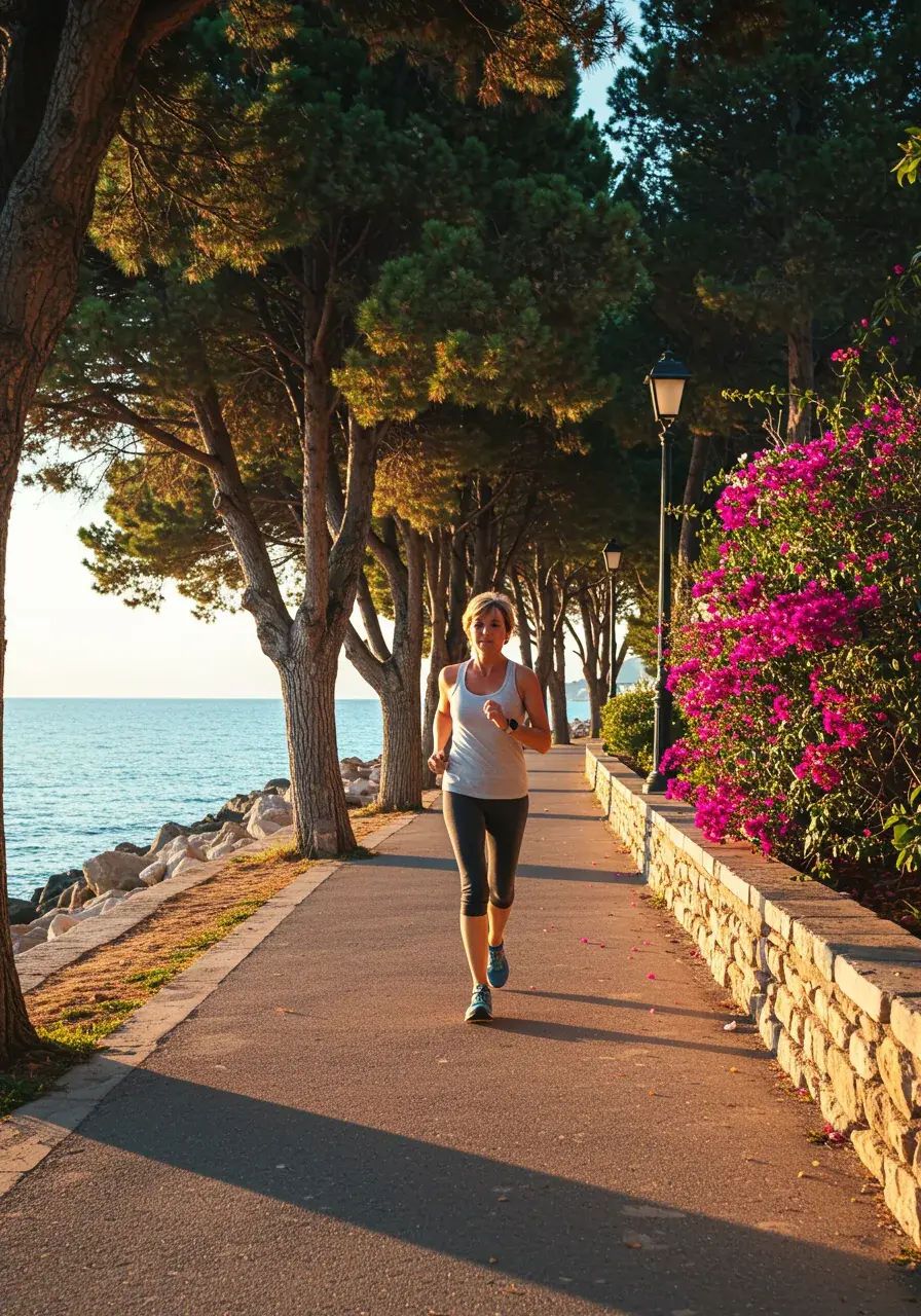 A woman jogs along a sun-drenched Mediterranean coastal promenade at dawn, flanked by pine trees and bougainvillea, with the calm sea visible beyond.
