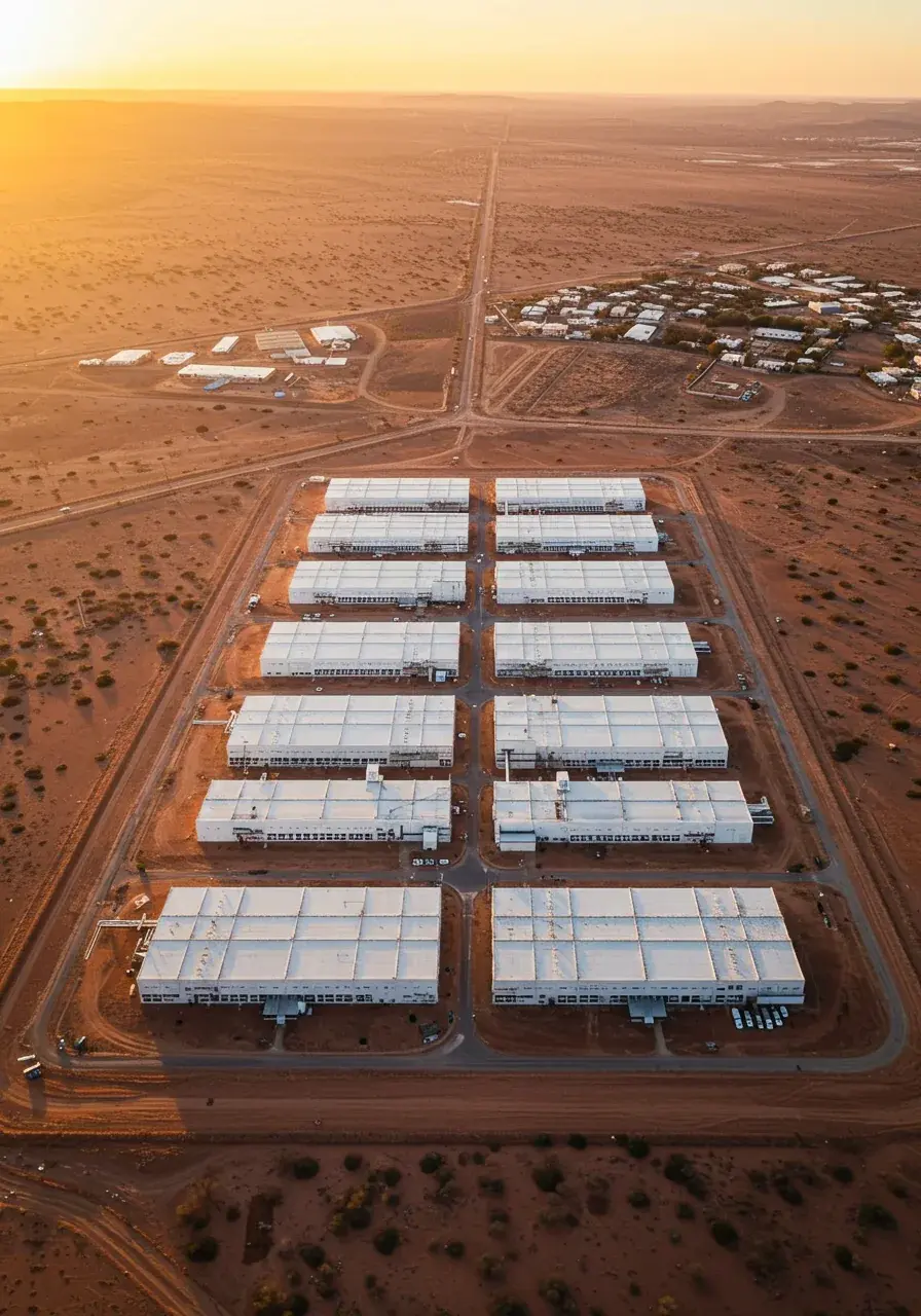Aerial view of a data center campus at golden hour in an arid desert, with a small settlement visible in the distance
