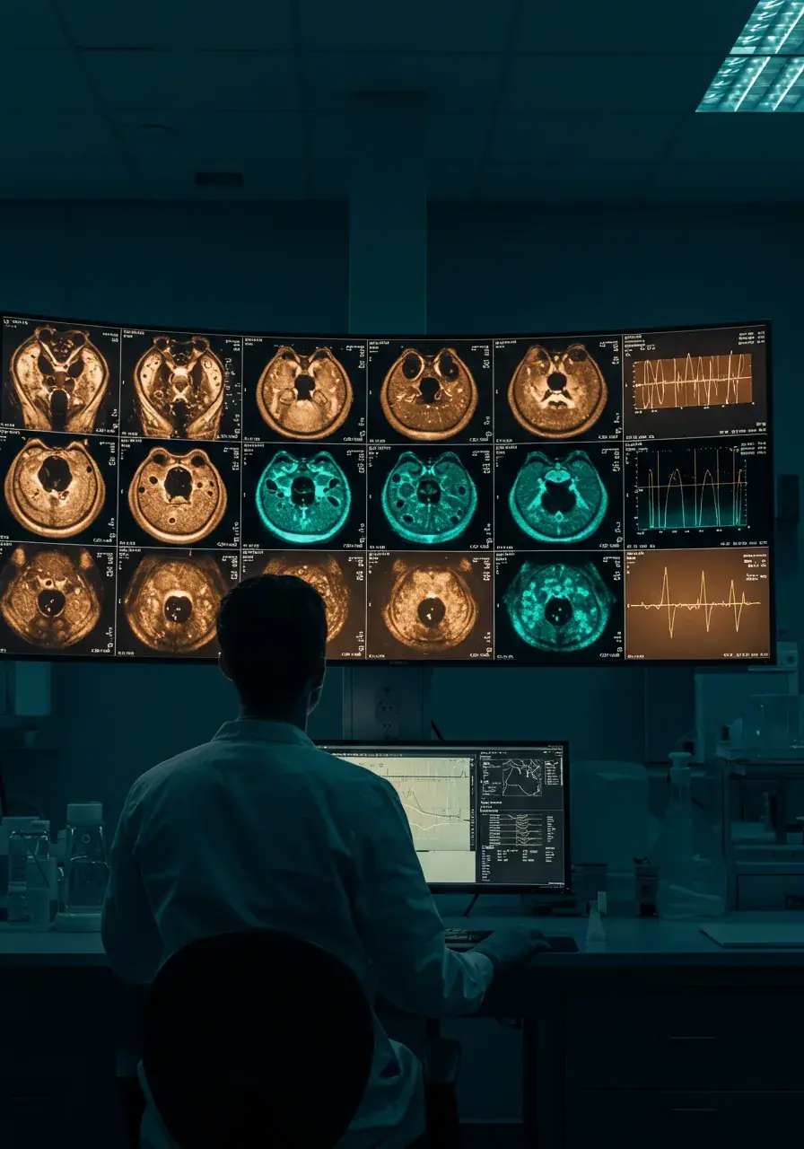 Researcher viewed from behind studying a wall of medical scan images and data waveforms on a large curved display