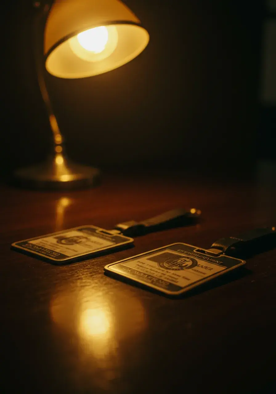 Two government identity badges on a dark wooden desk under warm lamplight