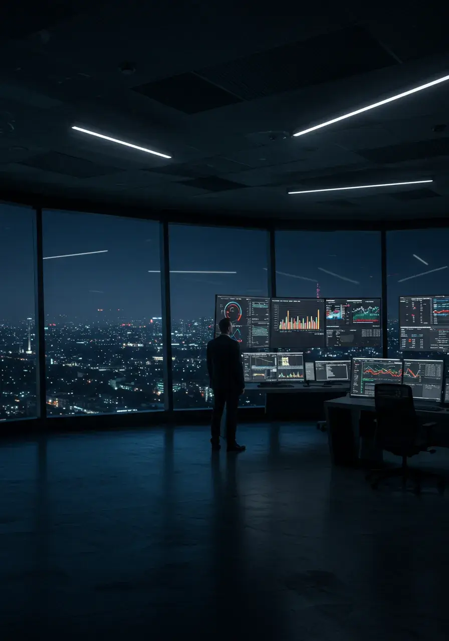 A professional stands silhouetted before panoramic operations-center windows overlooking a city at night, surrounded by monitoring screens