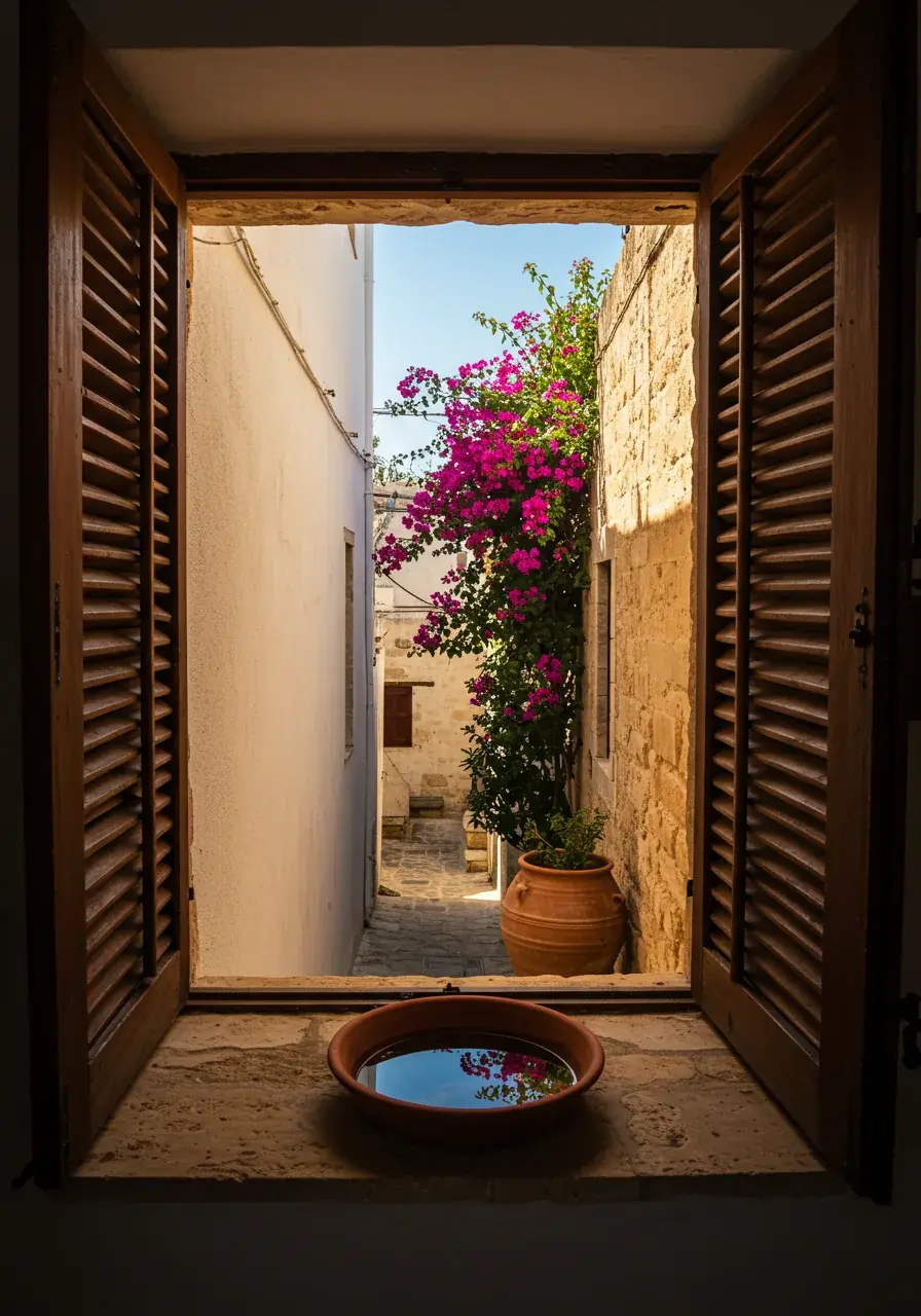 A clay dish of still water on a sunlit stone windowsill in a Cypriot alley, with bougainvillea and a terracotta pot beyond wooden shutters