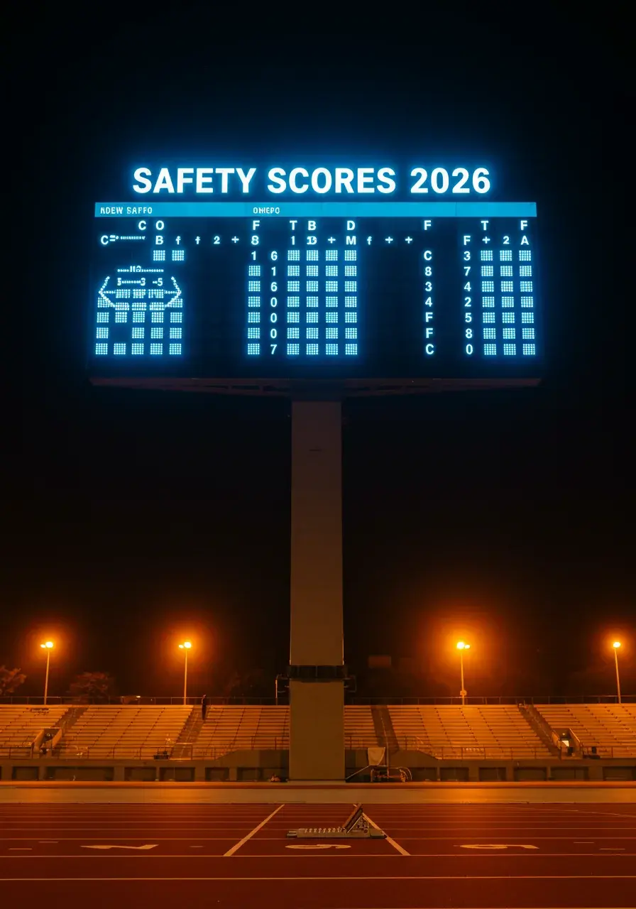 Stadium scoreboard at night displaying AI safety scores 2026, with an empty running track and starting blocks below