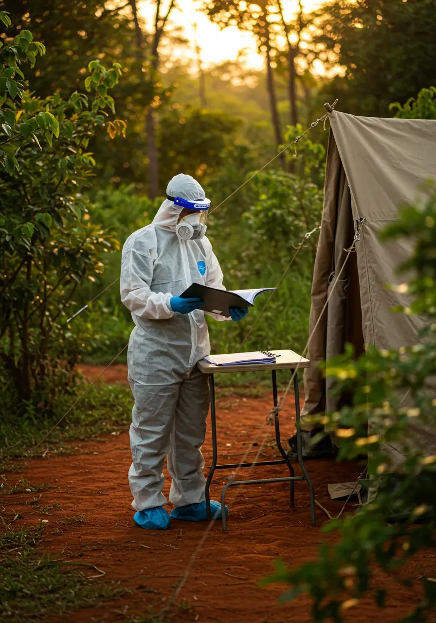 A health worker in white protective suit reviews field reports at a folding table outside a medical isolation tent in a tropical forest at golden hour