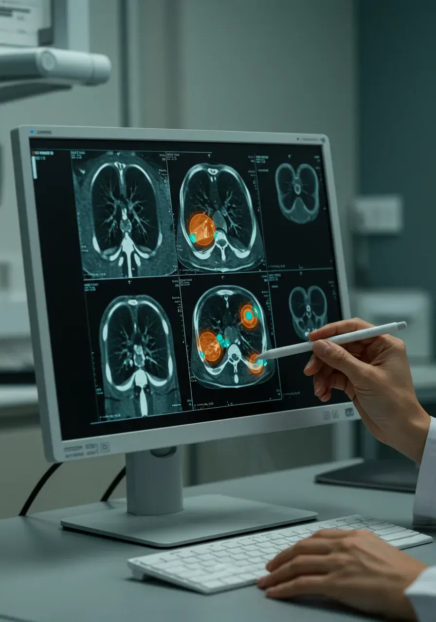 ידי רופא סוקרות סריקות CT של בית החזה על תחנת עבודה של PACS, עם שכבות צבע שנוצרו על ידי AI המדגישות אזורים מעניינים בתמונות הריאה