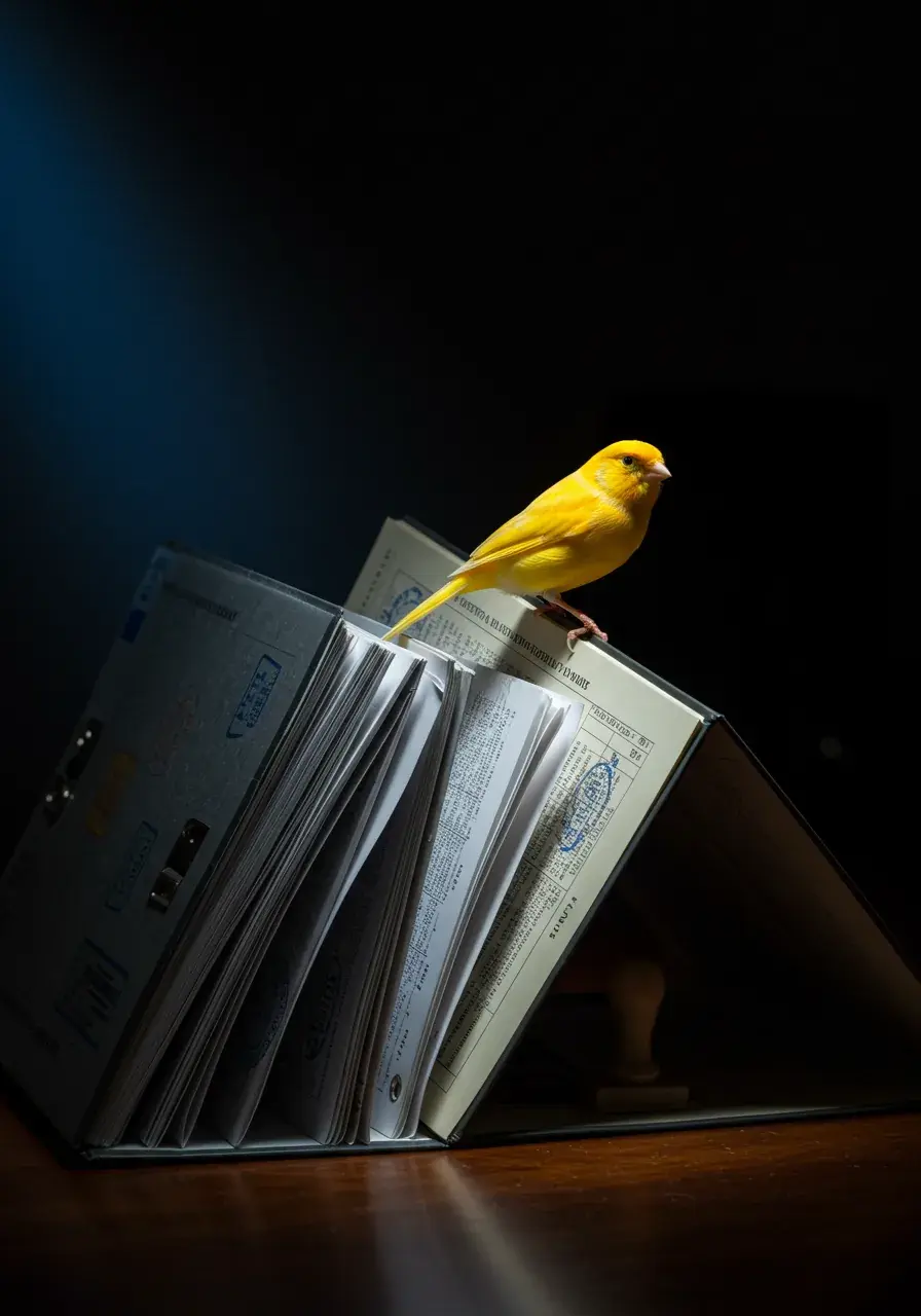 A yellow canary perches on an open regulatory binder on a dark desk, lit by blue screen glow