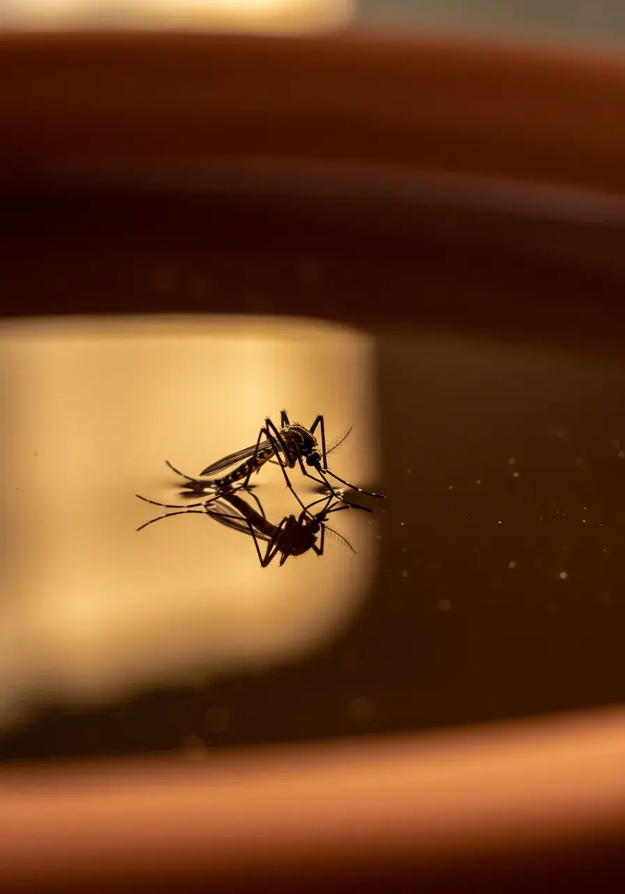 Komar Culex spoczywający na nieruchomej wodzie w terakotowej misce ogrodowej, z odbiciem widocznym w ciepłym złotym śródziemnomorskim świetle popołudniowym