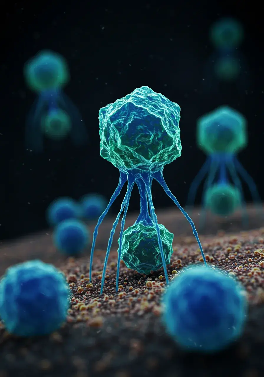 AI-designed bacteriophages — engineered viruses with geometric protein heads and fibrous tail legs — poised above a bacterial surface
