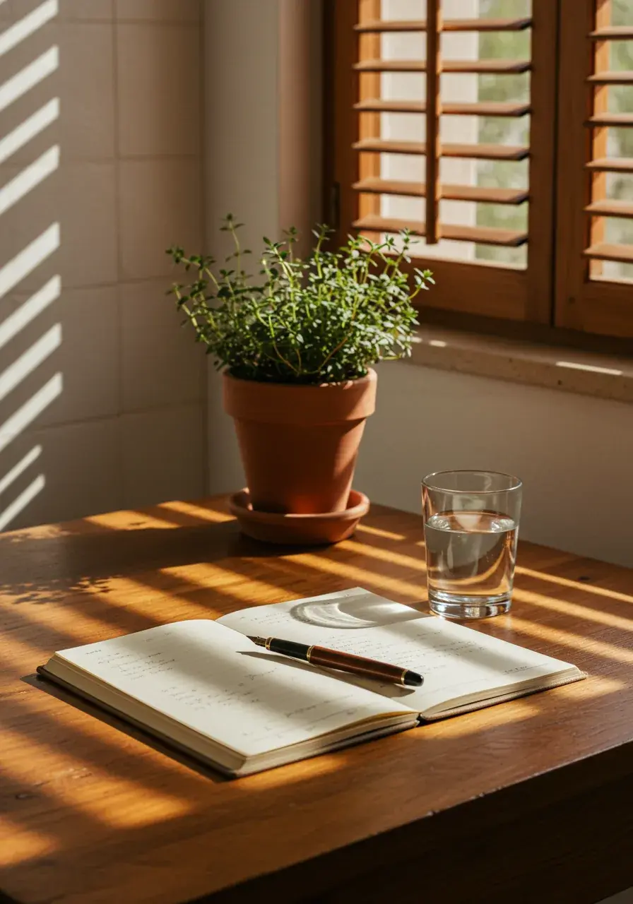 An open notebook with handwritten notes and a fountain pen on a sunlit wooden desk, beside a terracotta pot of thyme and a glass of water, warm morning light through slatted shutters