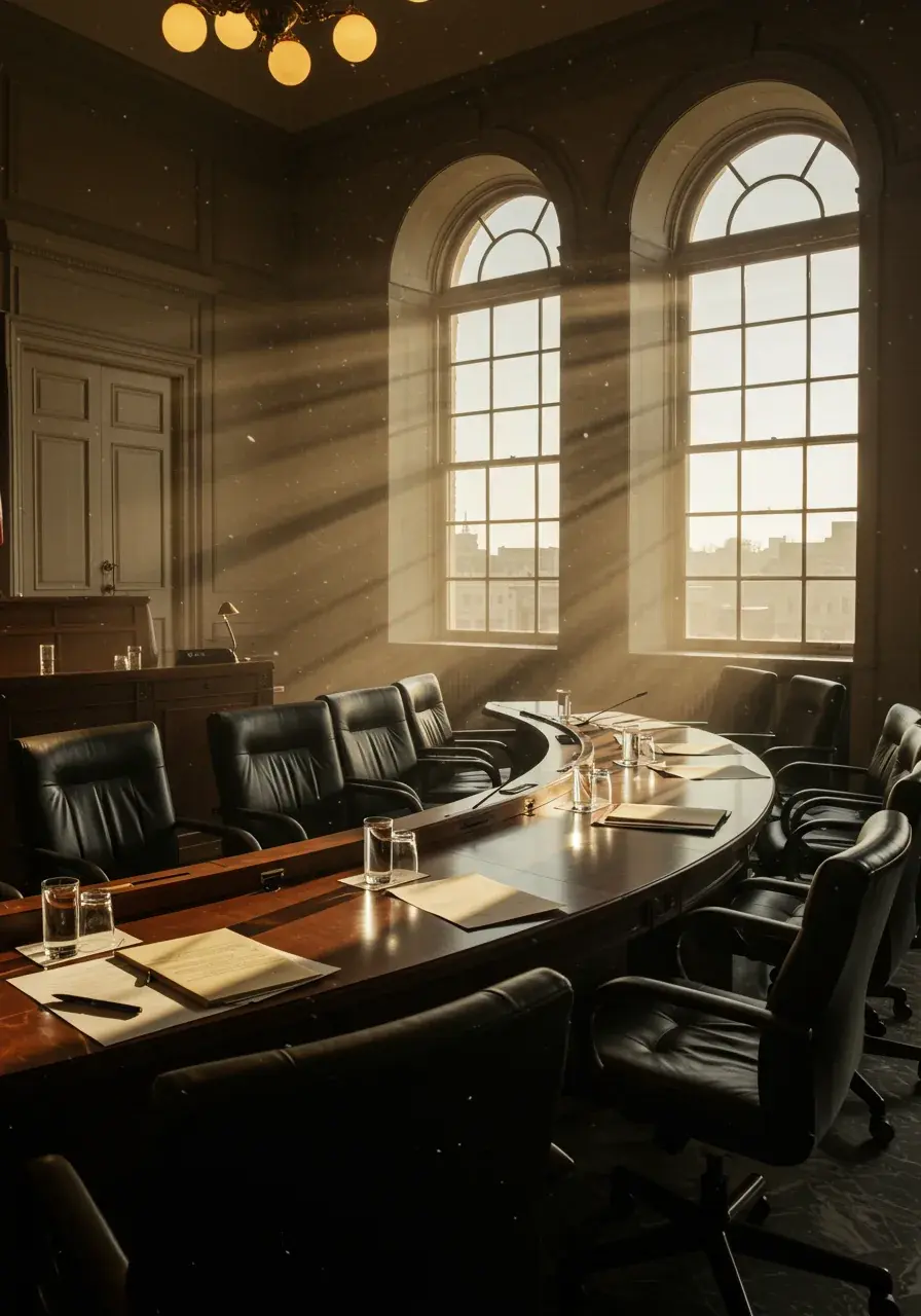 Empty government hearing chamber with sunlight streaming through arched windows onto a curved mahogany table set with documents and water glasses