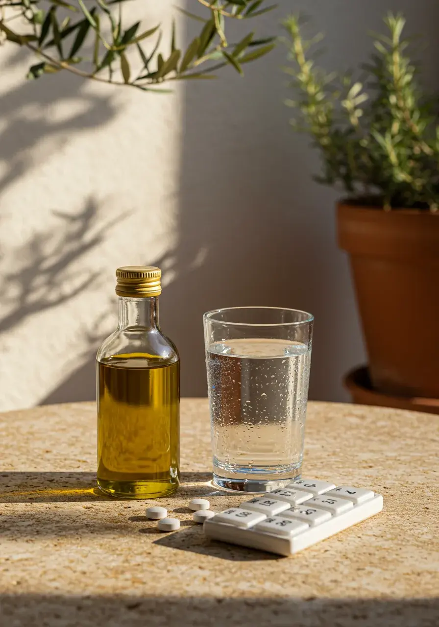 Golden olive oil bottle, glass of water, and a weekly pill organizer on a sunlit Mediterranean stone terrace with olive tree and terracotta pot