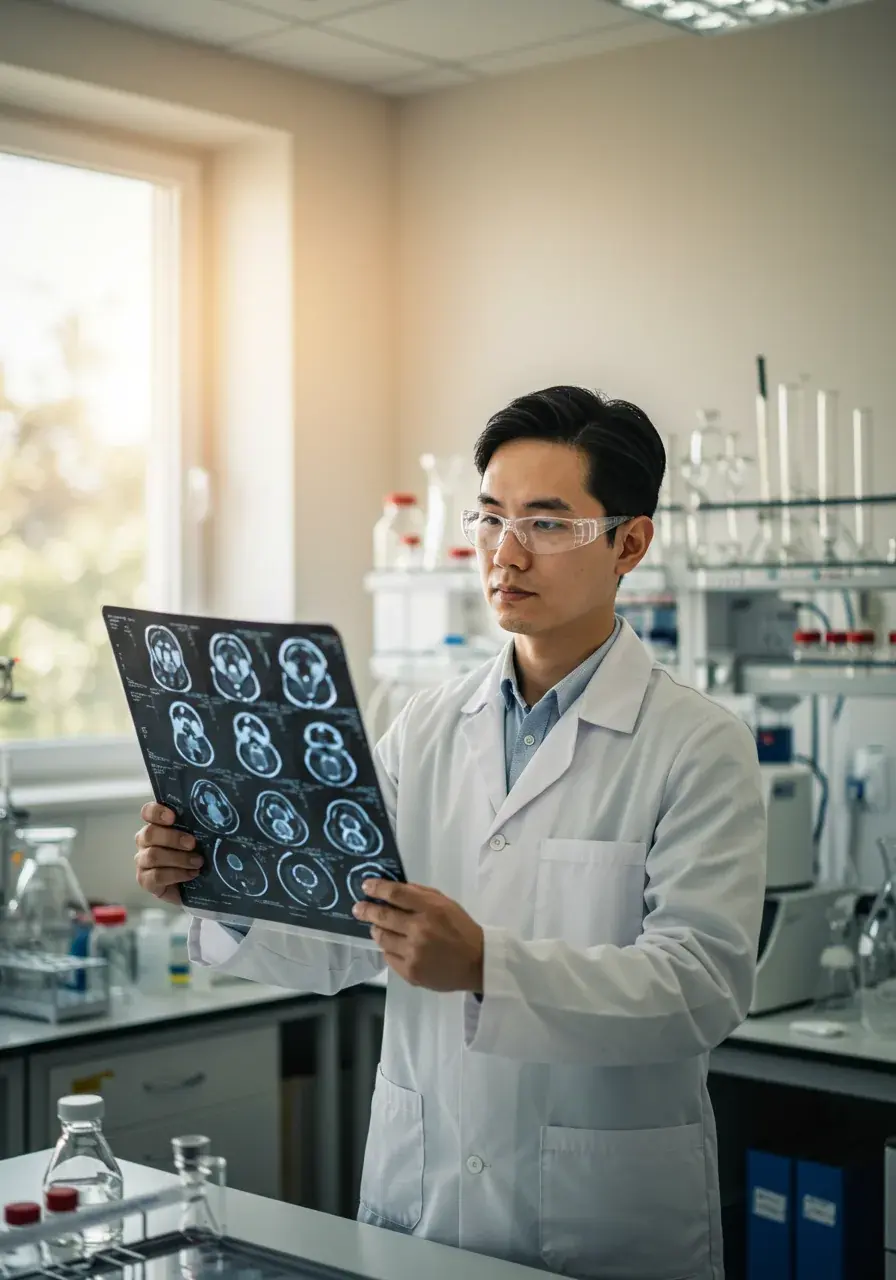 Badacz w białym fartuchu laboratoryjnym ogląda medyczne skany mózgu w nasłonecznionym laboratorium