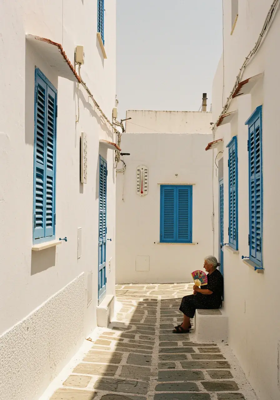 Μια ηλικιωμένη γυναίκα ριπίζει τον εαυτό της στη σκιά ενός στενού μεσογειακού σοκακιού κατά τη διάρκεια καύσωνα, με θερμόμετρο στον τοίχο πίσω της