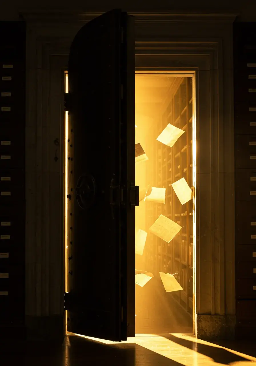 A heavy vault door swings open as golden light floods out and papers drift free from floor-to-ceiling shelves