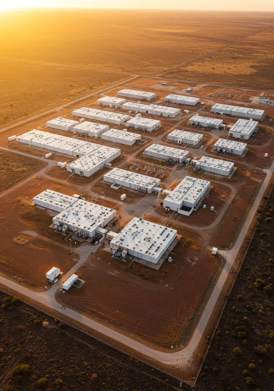 Aerial view of a data center campus in the Texas plains at golden hour, rows of white server buildings with rooftop cooling units spread across rust-red soil